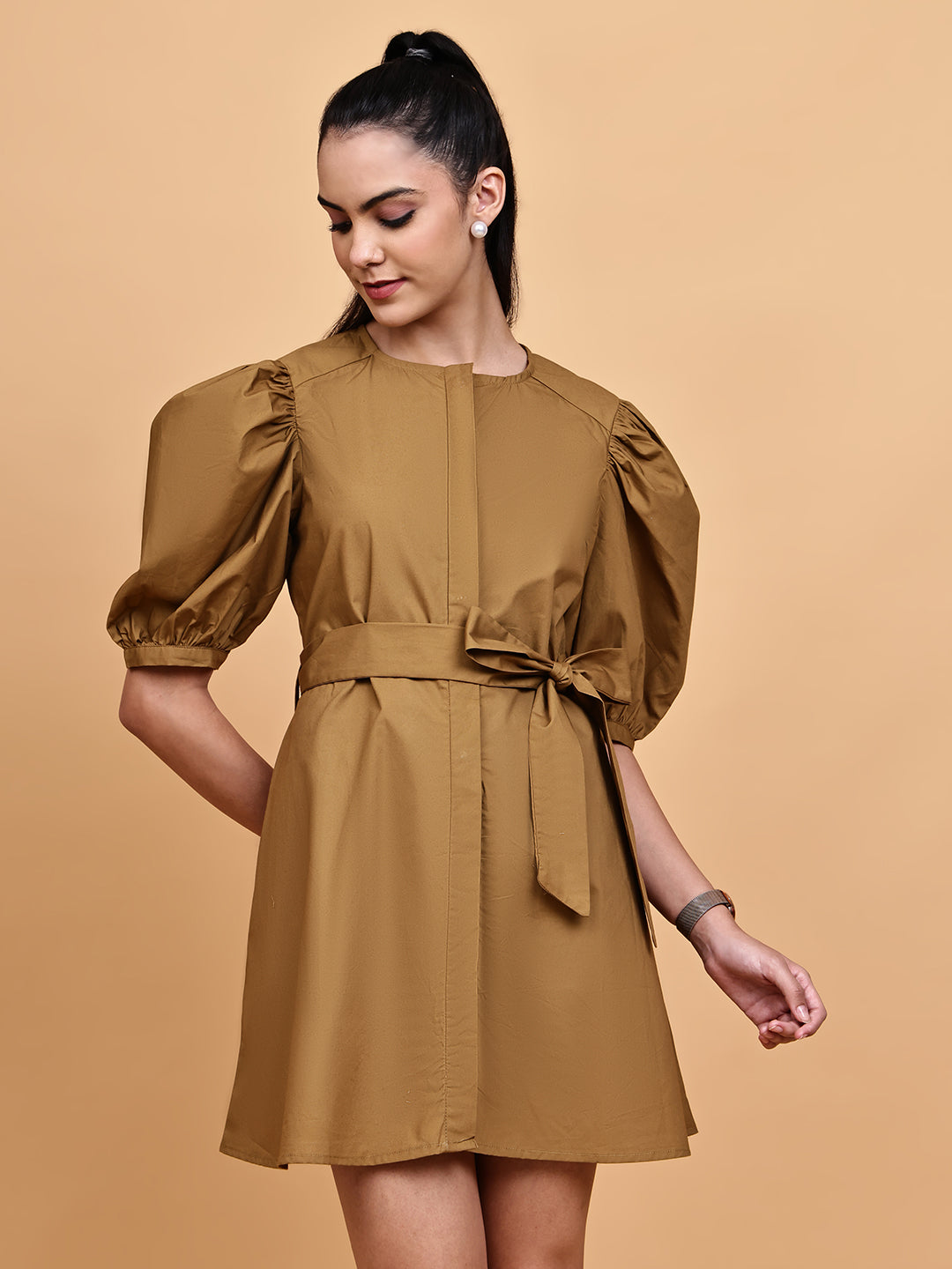 Mustard Short Dress with Belt