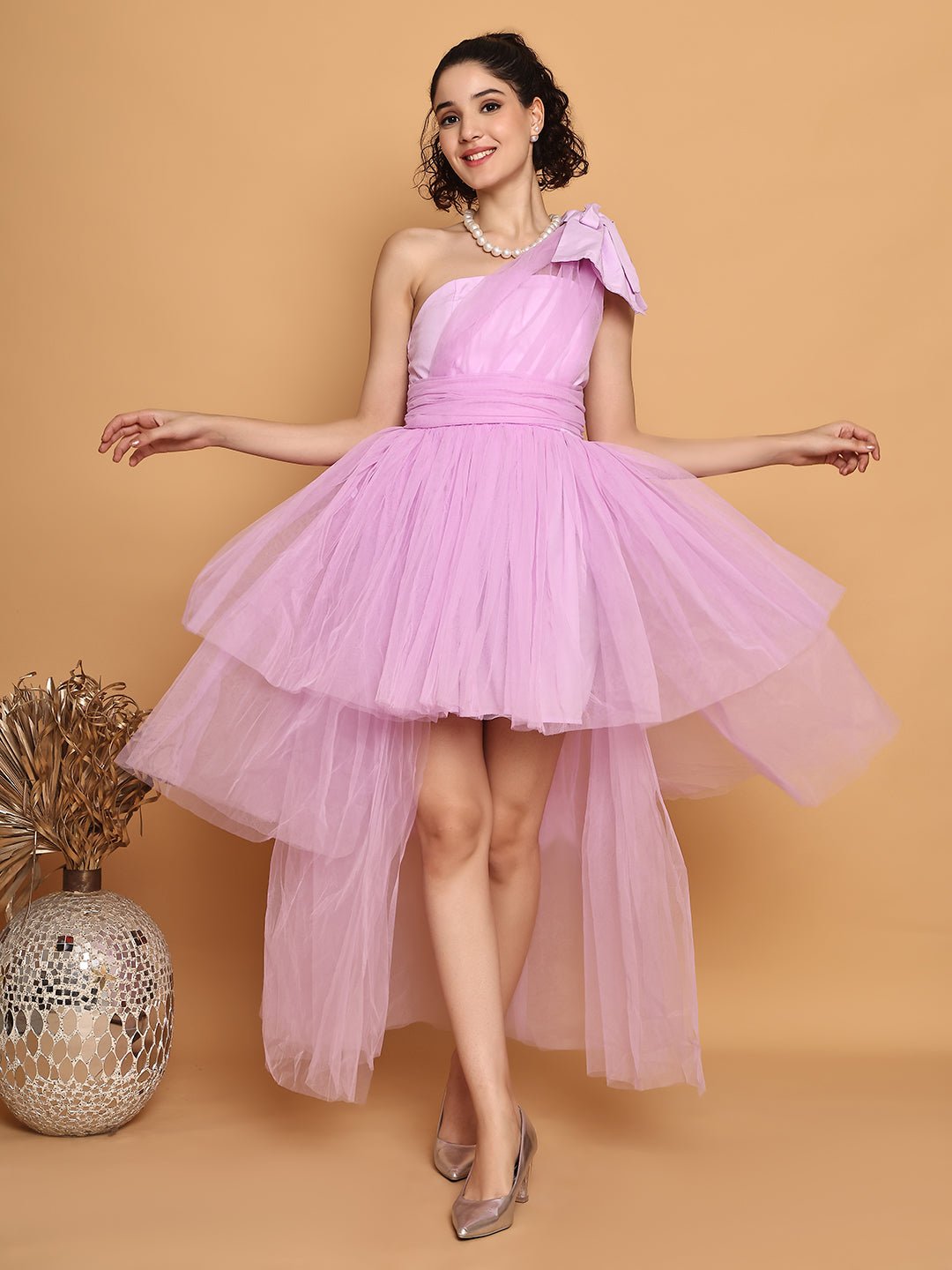 Lilac Tulle Dress With One Sleeves