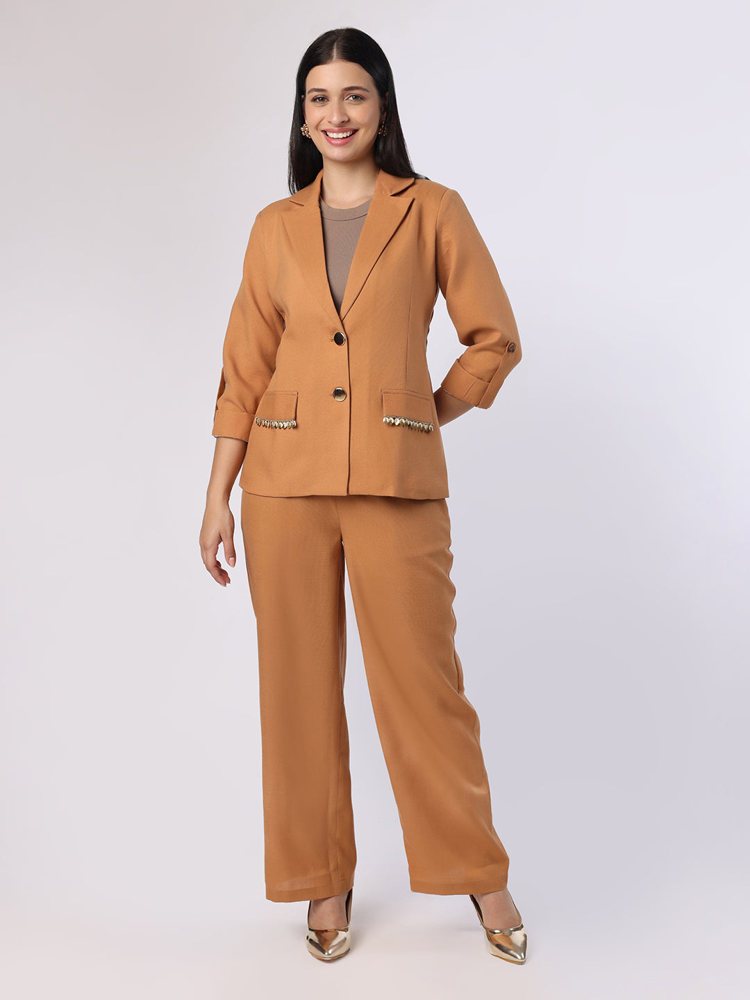 Mustard Blazer Set With Trim Detail At Pockets