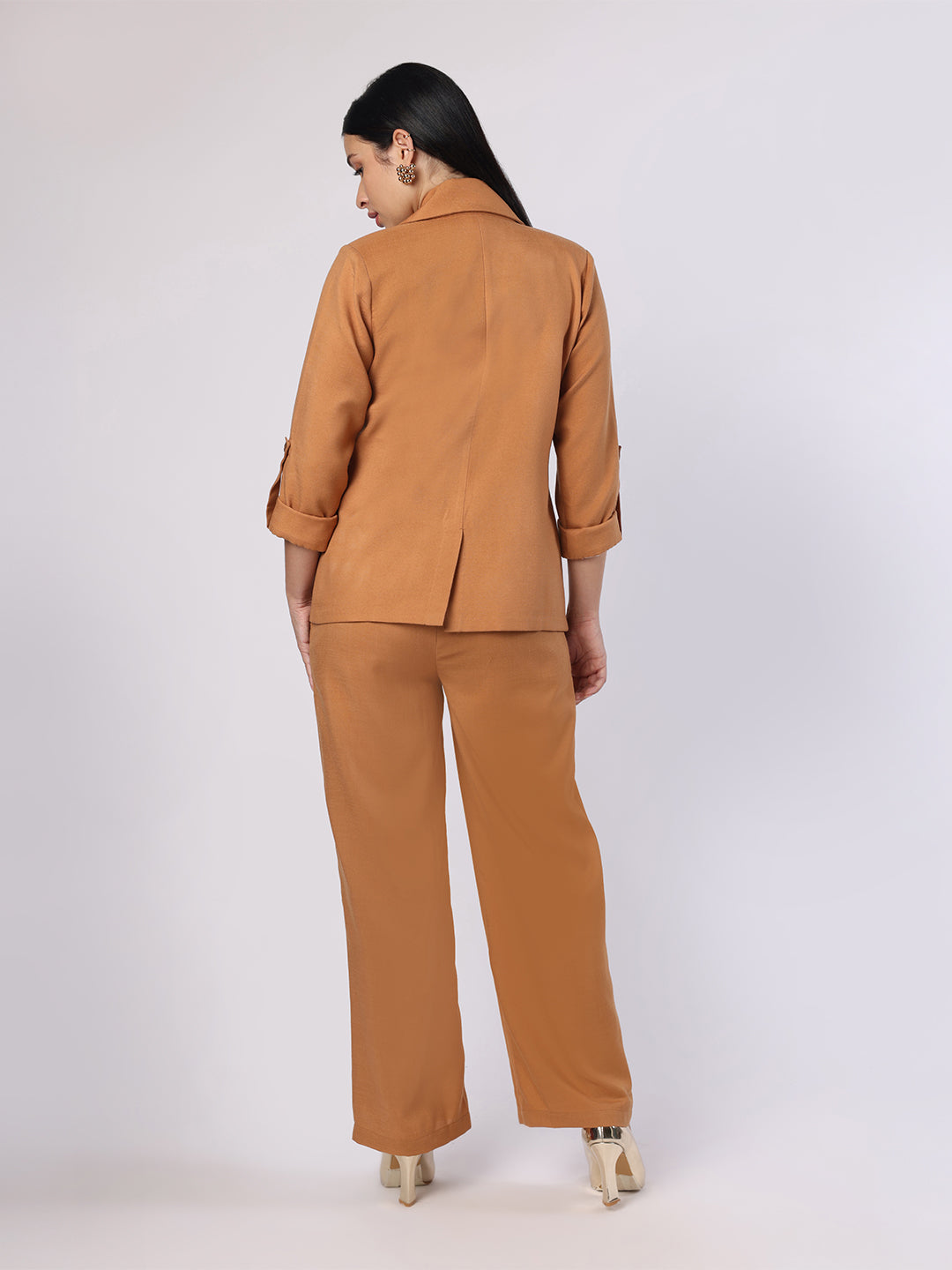 Mustard Blazer Set With Trim Detail At Pockets