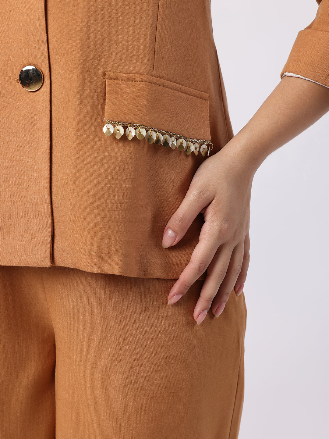 Mustard Blazer Set With Trim Detail At Pockets