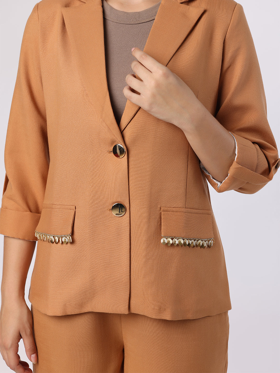 Mustard Blazer Set With Trim Detail At Pockets