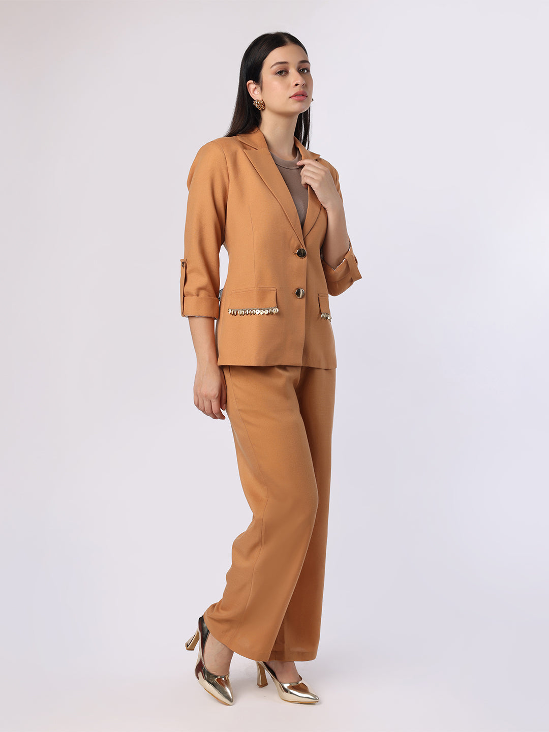 Mustard Blazer Set With Trim Detail At Pockets