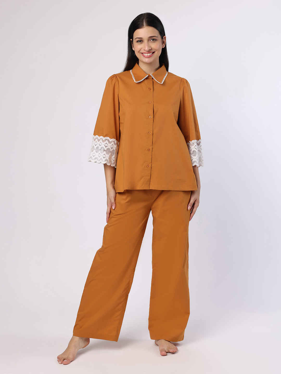 Mustard Nightwear With Lace Detail At Sleeves