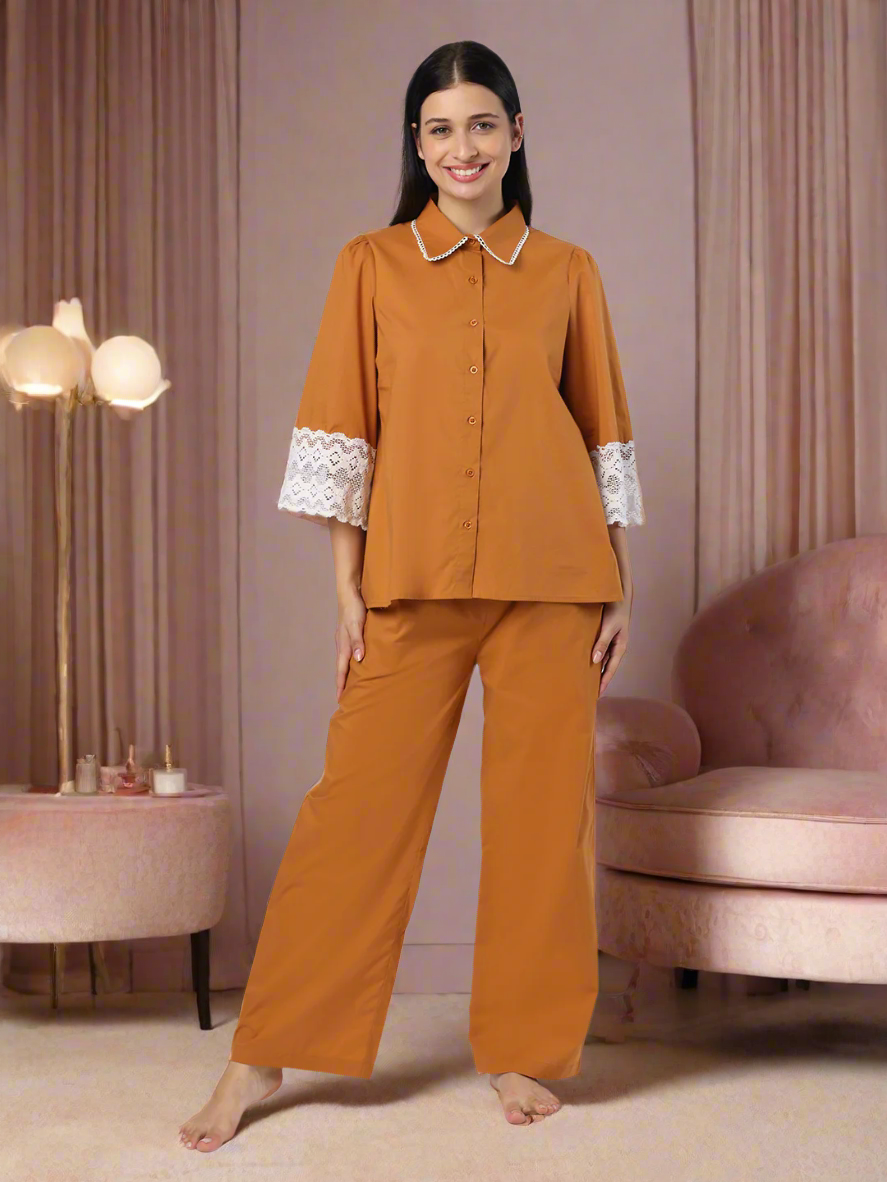 Mustard Nightwear With Lace Detail At Sleeves