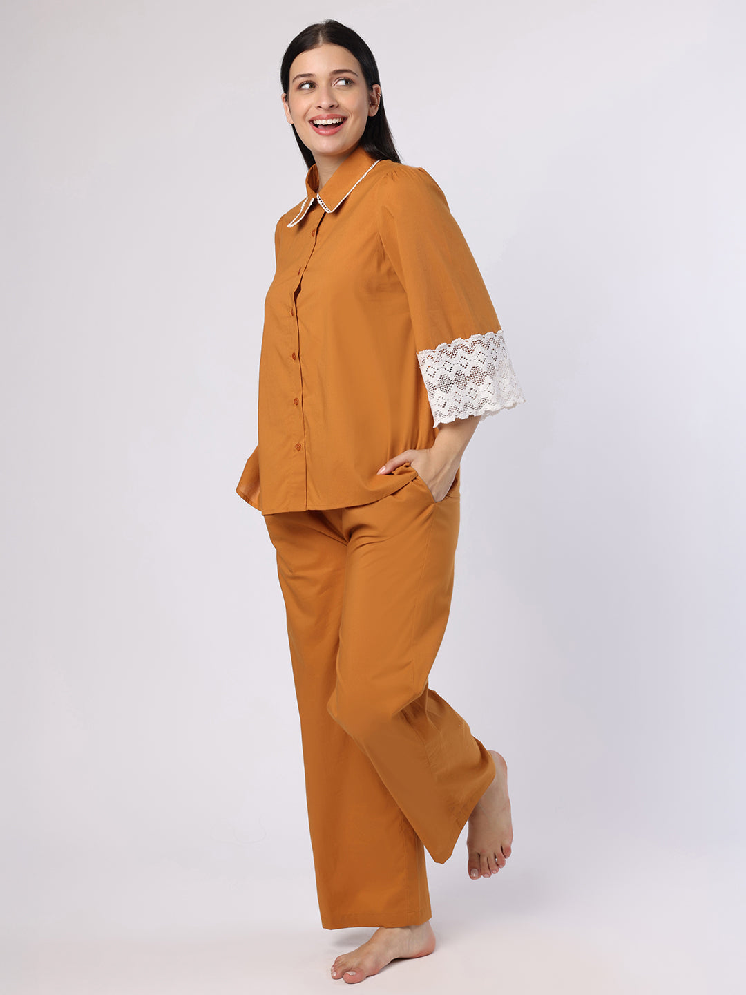 Mustard Nightwear With Lace Detail At Sleeves