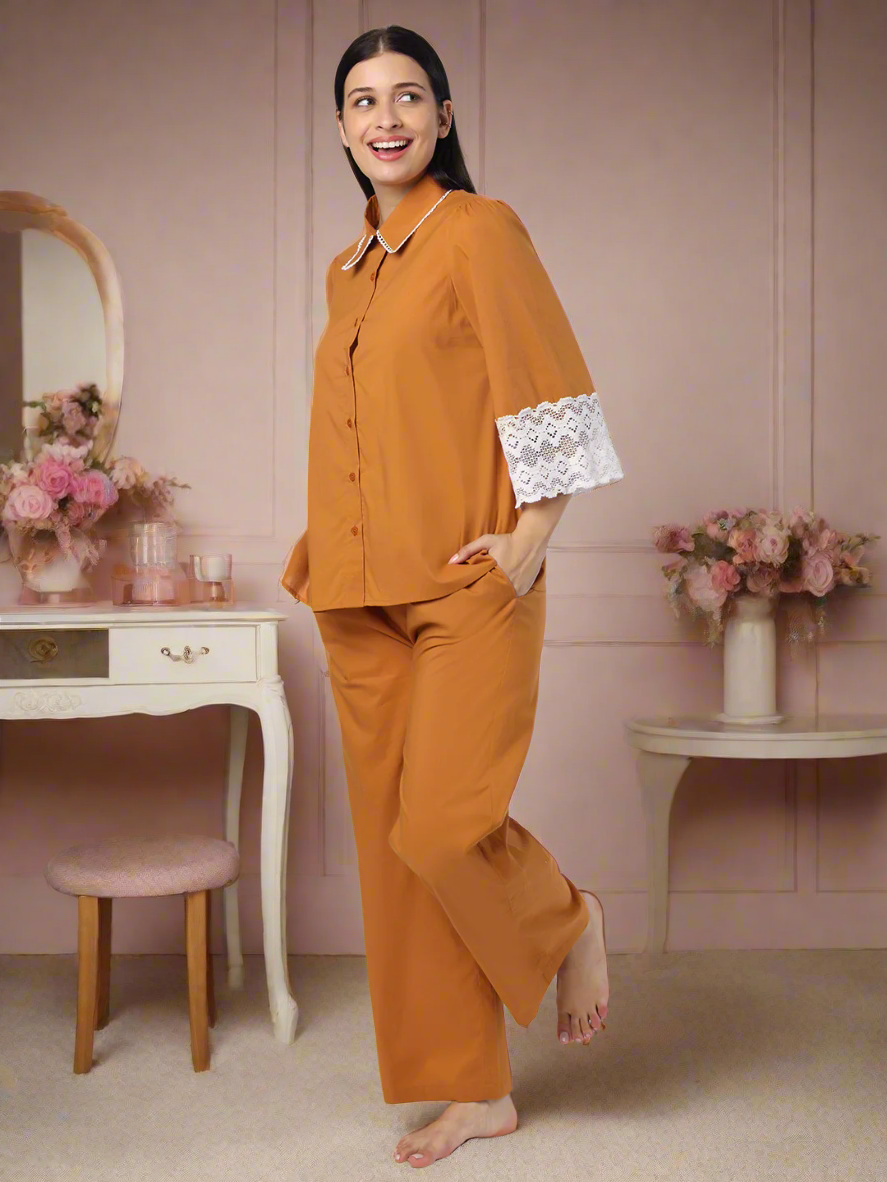 Mustard Nightwear With Lace Detail At Sleeves