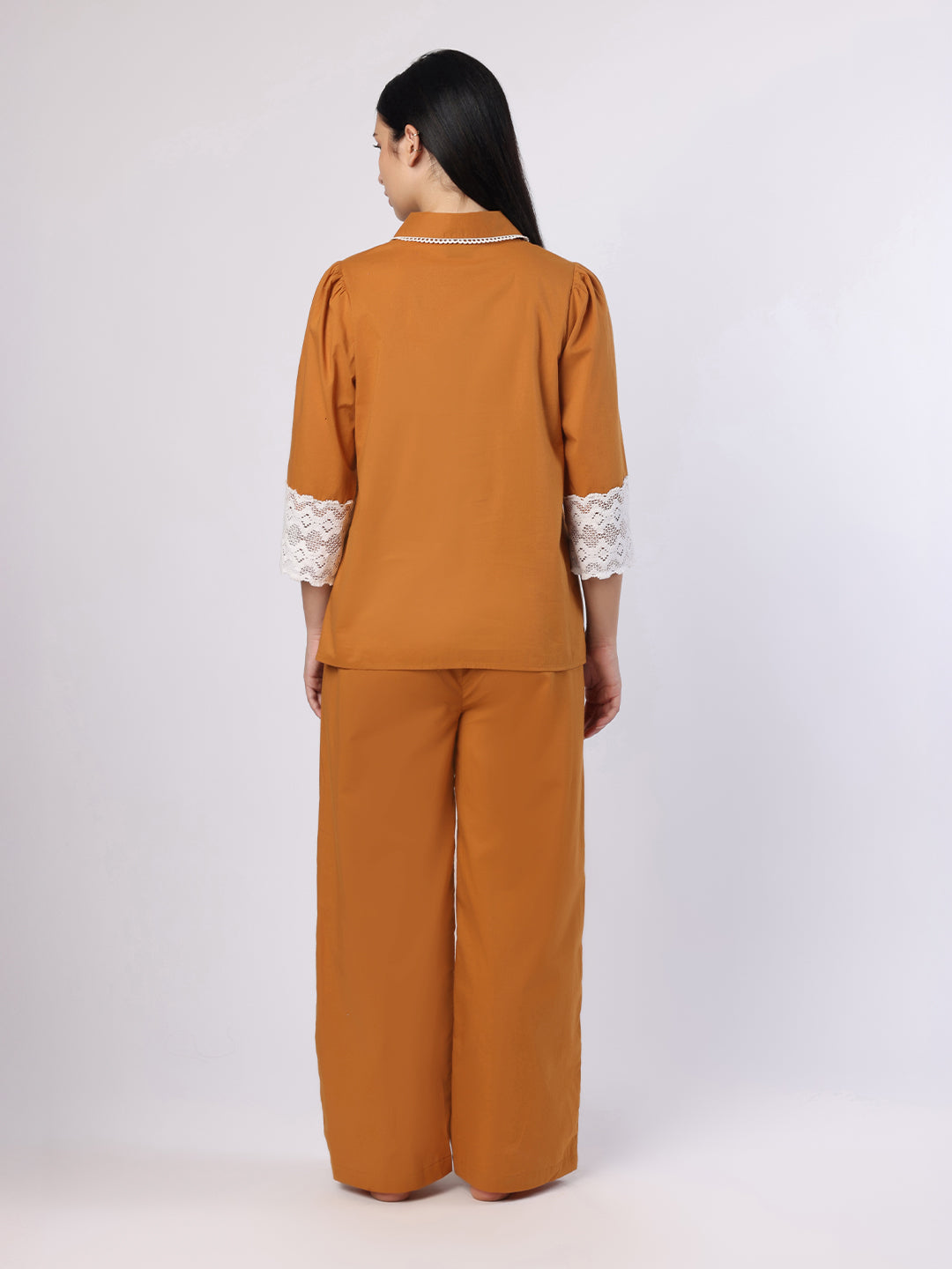 Mustard Nightwear With Lace Detail At Sleeves