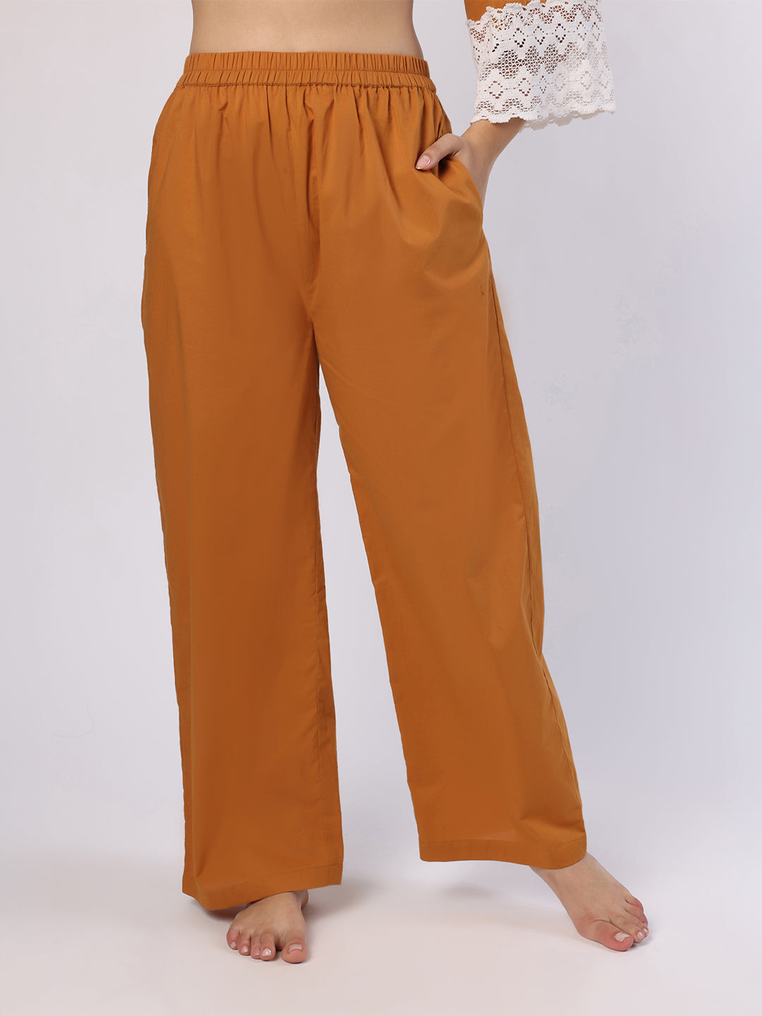 Mustard Nightwear With Lace Detail At Sleeves