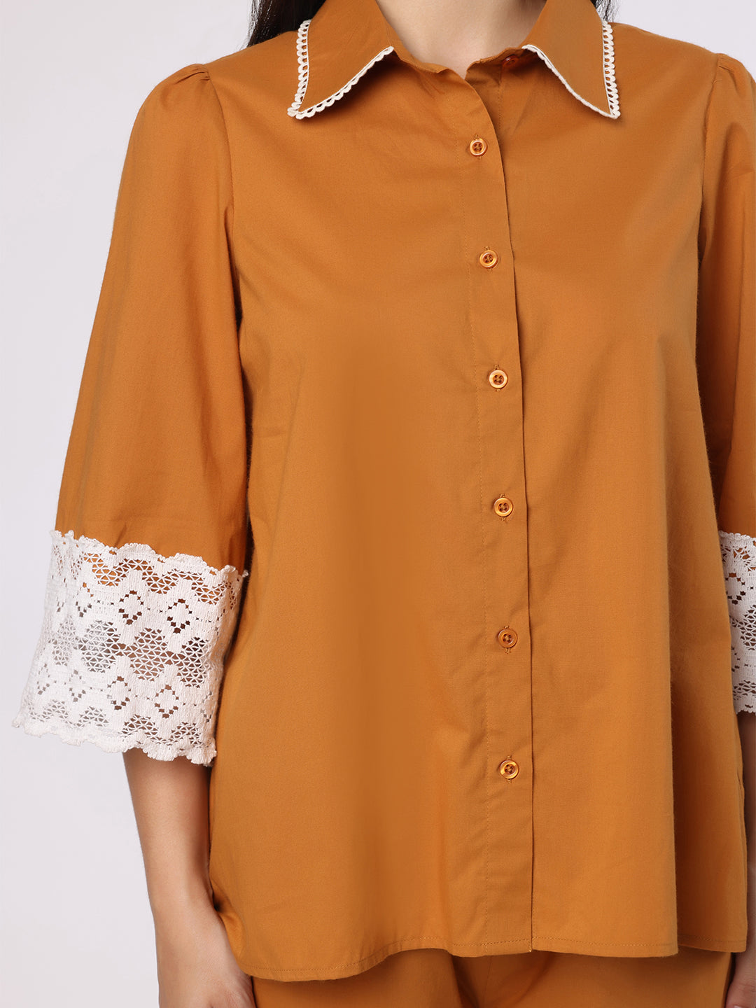 Mustard Nightwear With Lace Detail At Sleeves