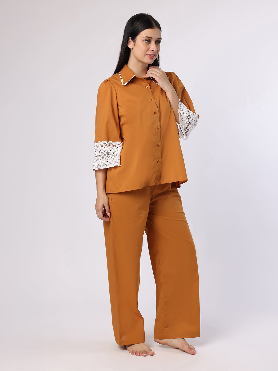 Mustard Nightwear With Lace Detail At Sleeves