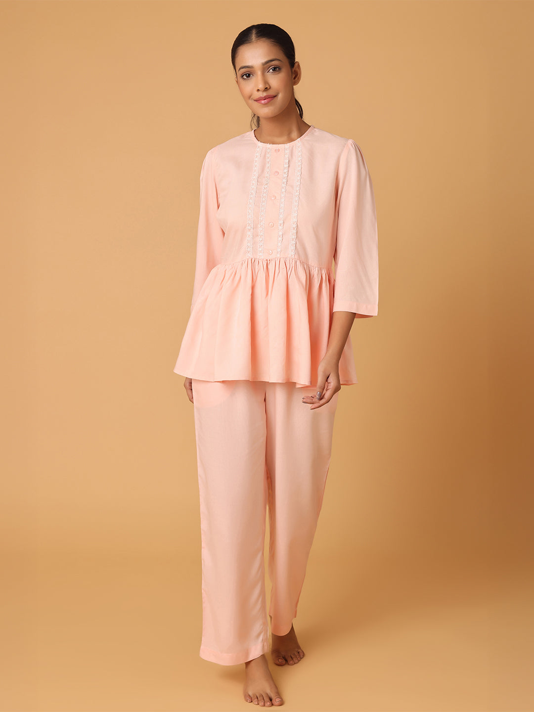 Peach Nightwear With Lace Yoke Detail