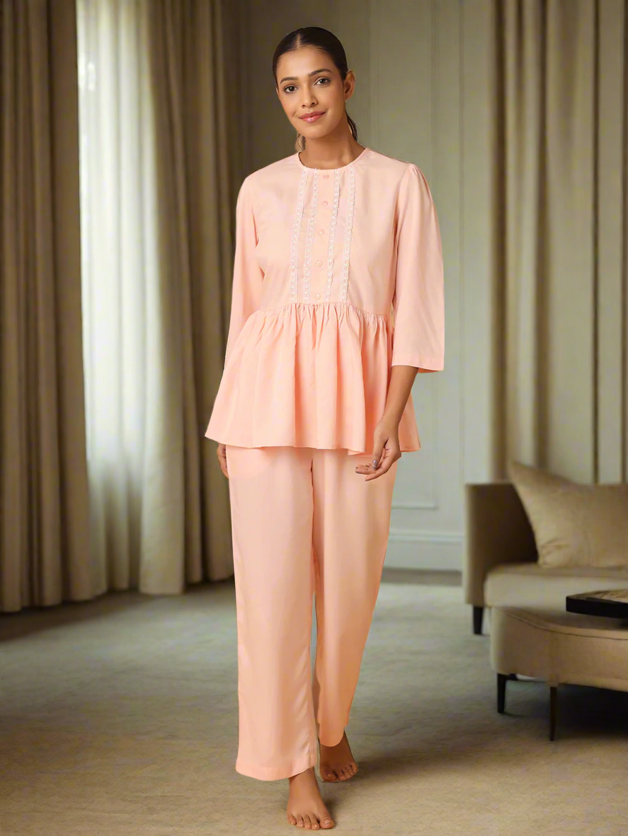 Peach Nightwear With Lace Yoke Detail