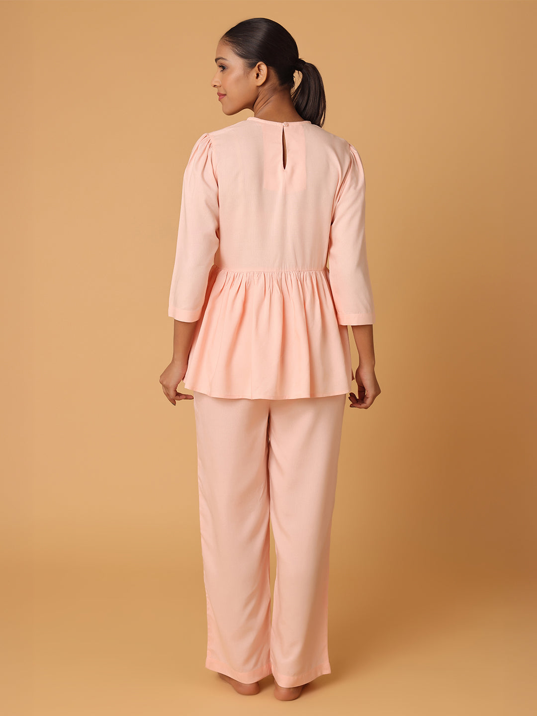 Peach Nightwear With Lace Yoke Detail