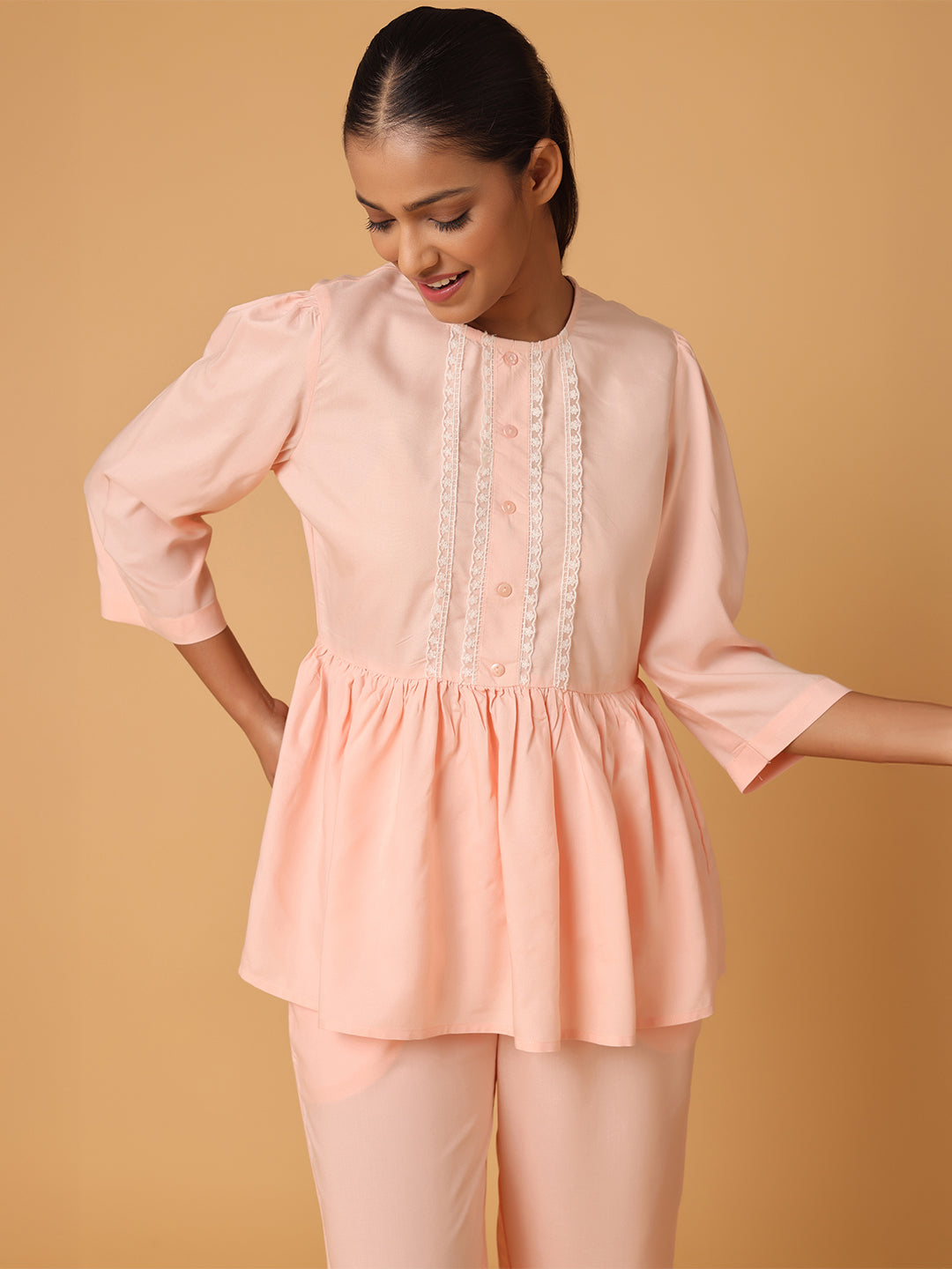 Peach Nightwear With Lace Yoke Detail