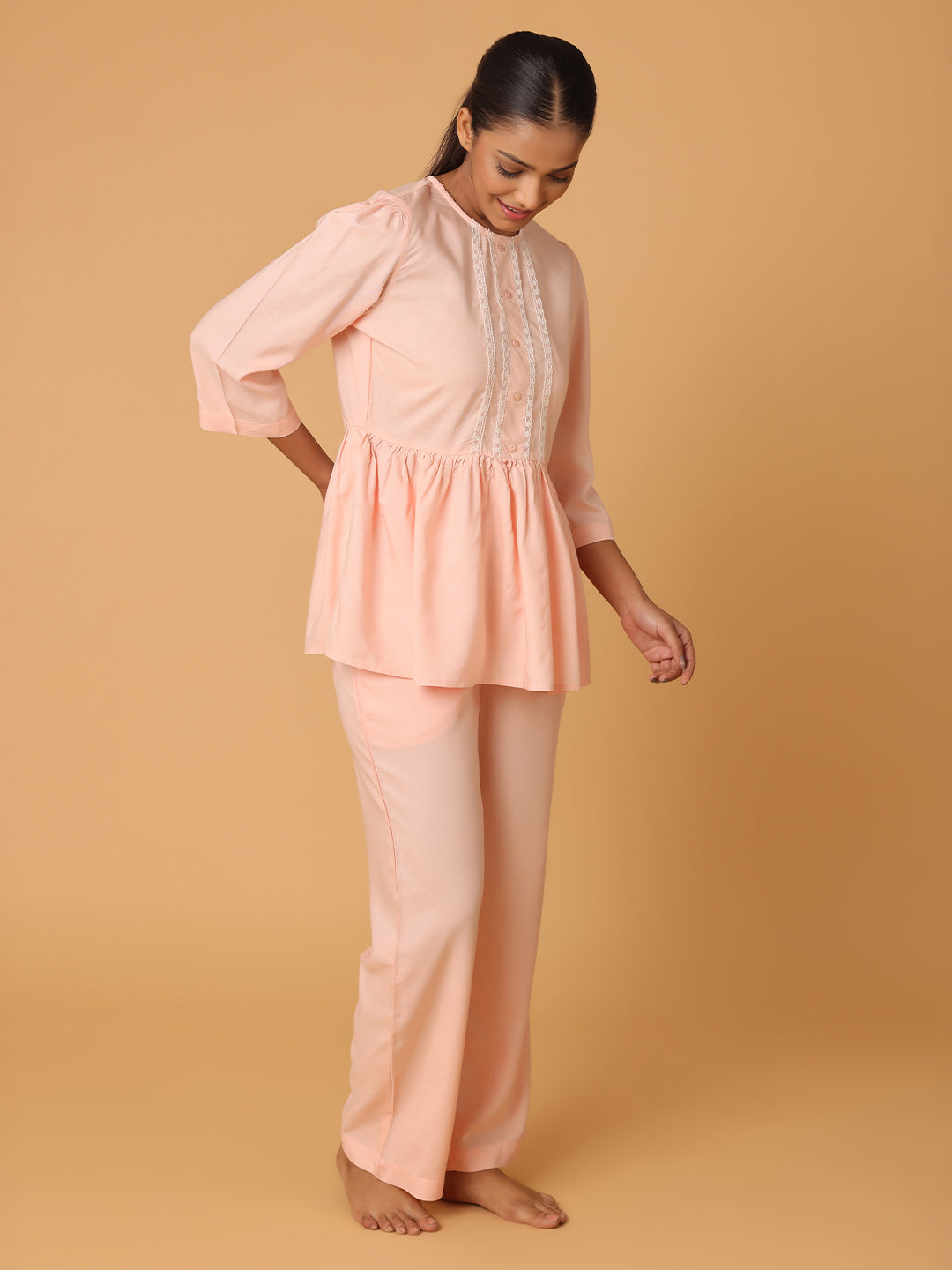 Peach Nightwear With Lace Yoke Detail