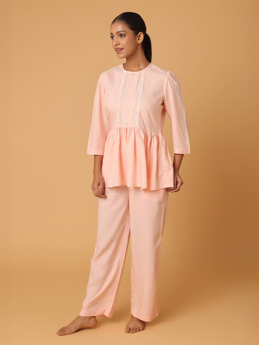 Peach Nightwear With Lace Yoke Detail