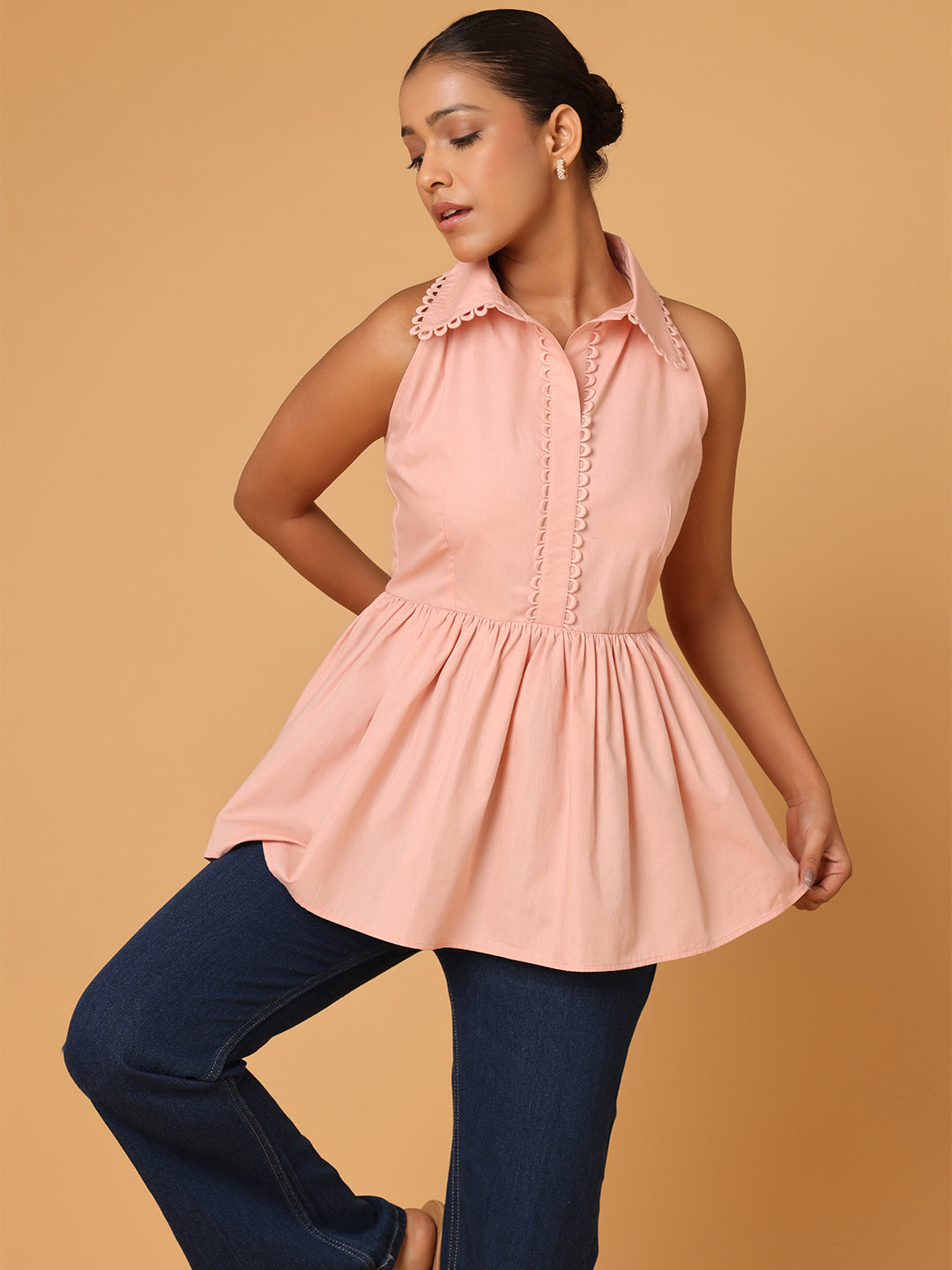 Peach Peplum Shirt With Detail At Collar And Placket