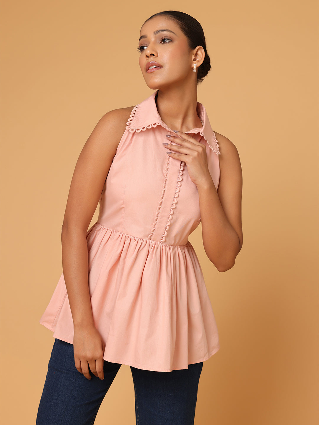 Peach Peplum Shirt With Detail At Collar And Placket