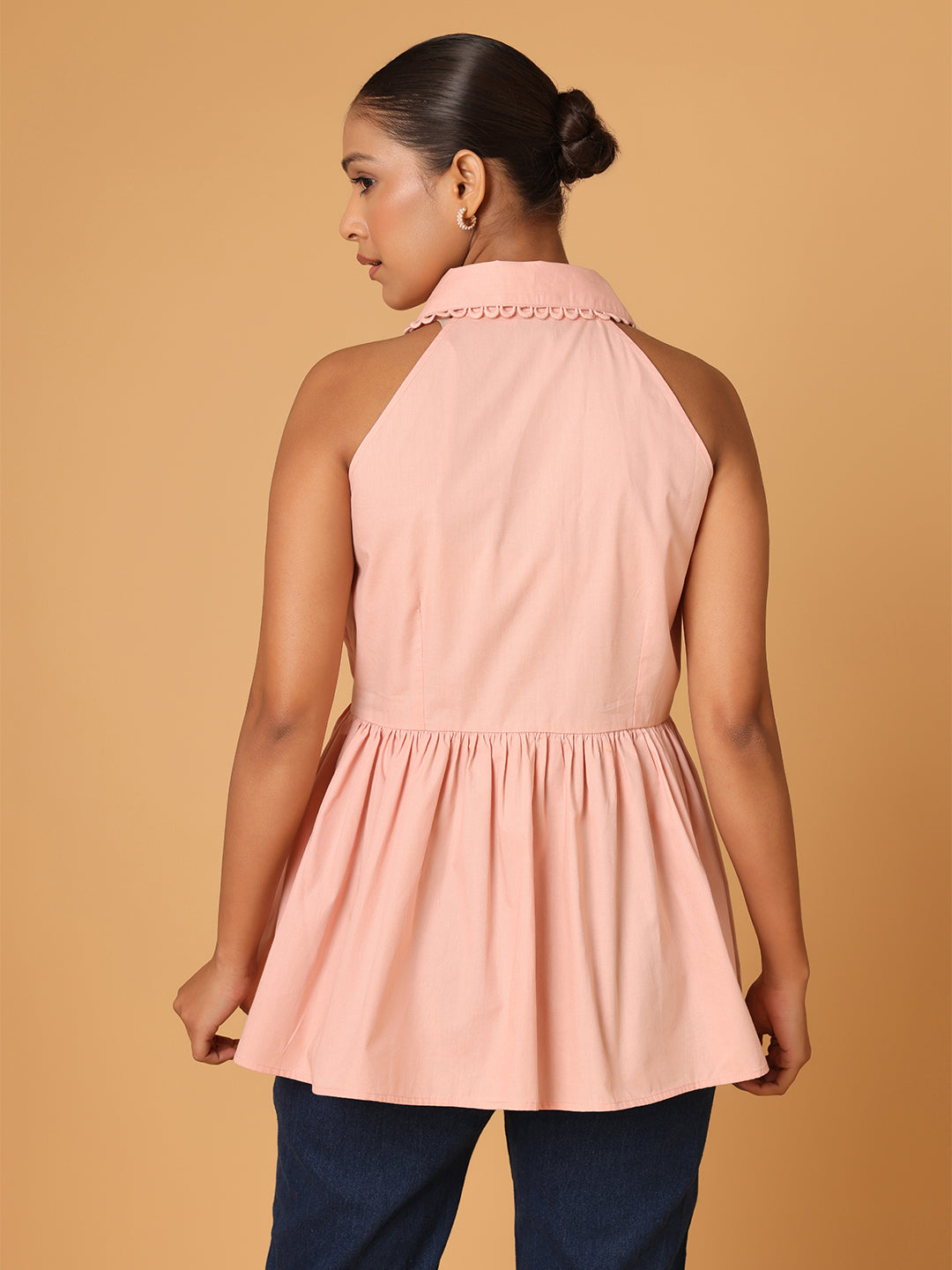 Peach Peplum Shirt With Detail At Collar And Placket
