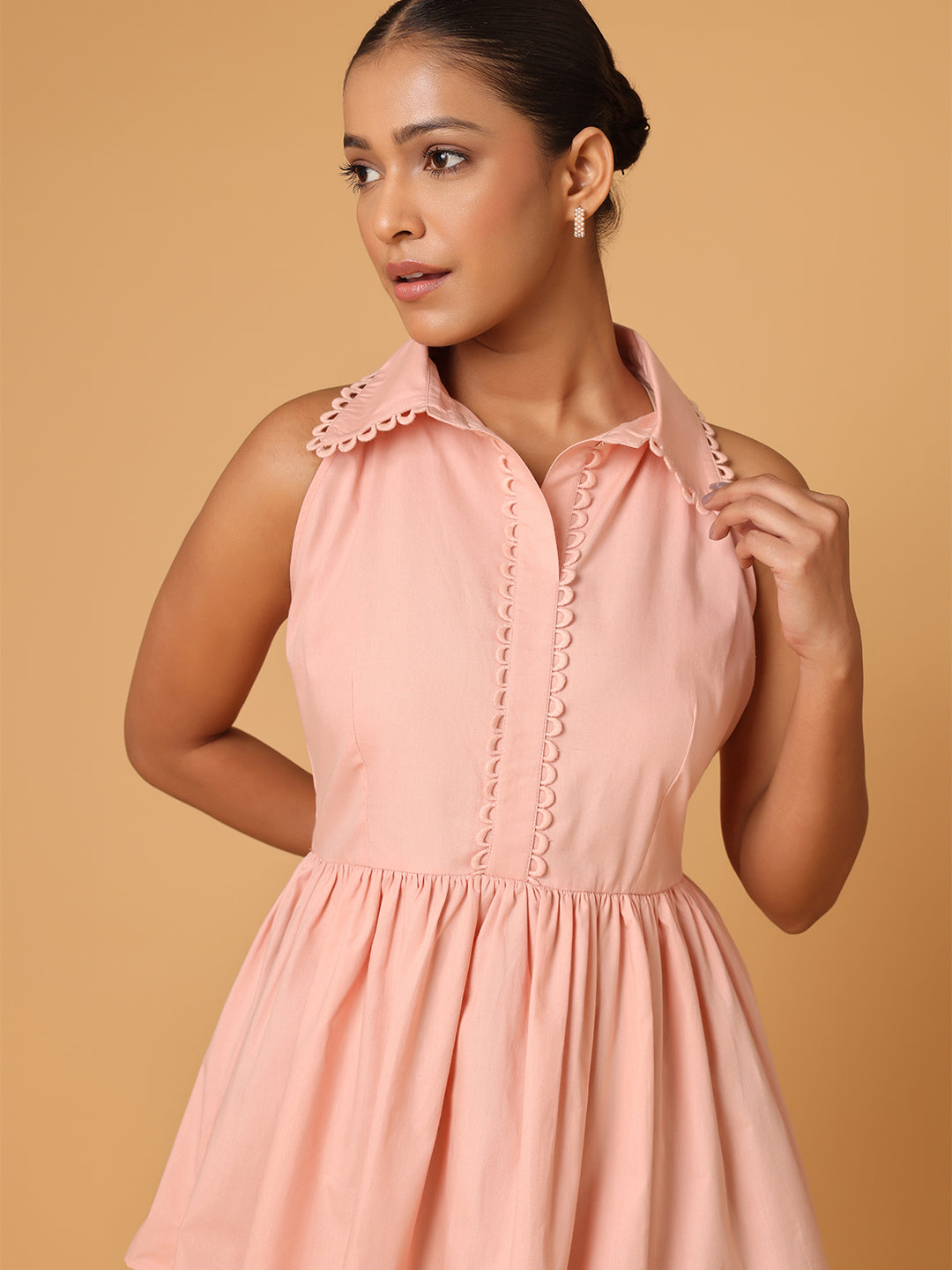 Peach Peplum Shirt With Detail At Collar And Placket