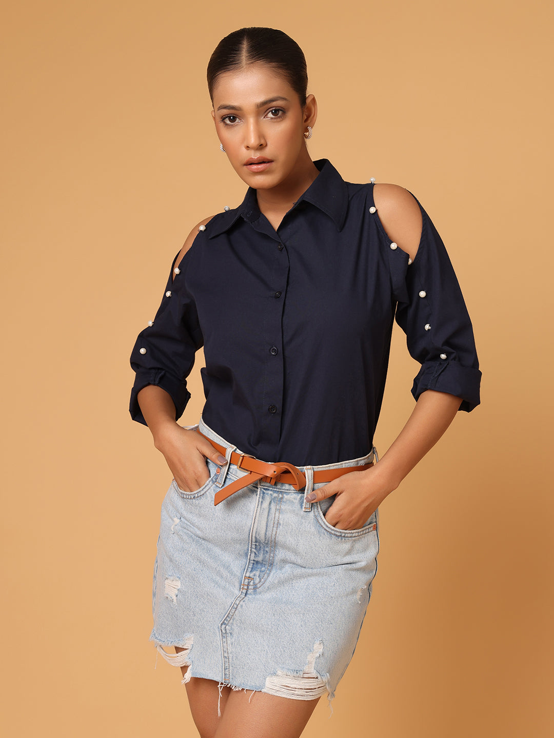 Pearl Detail Shirt With Cold Shoulder