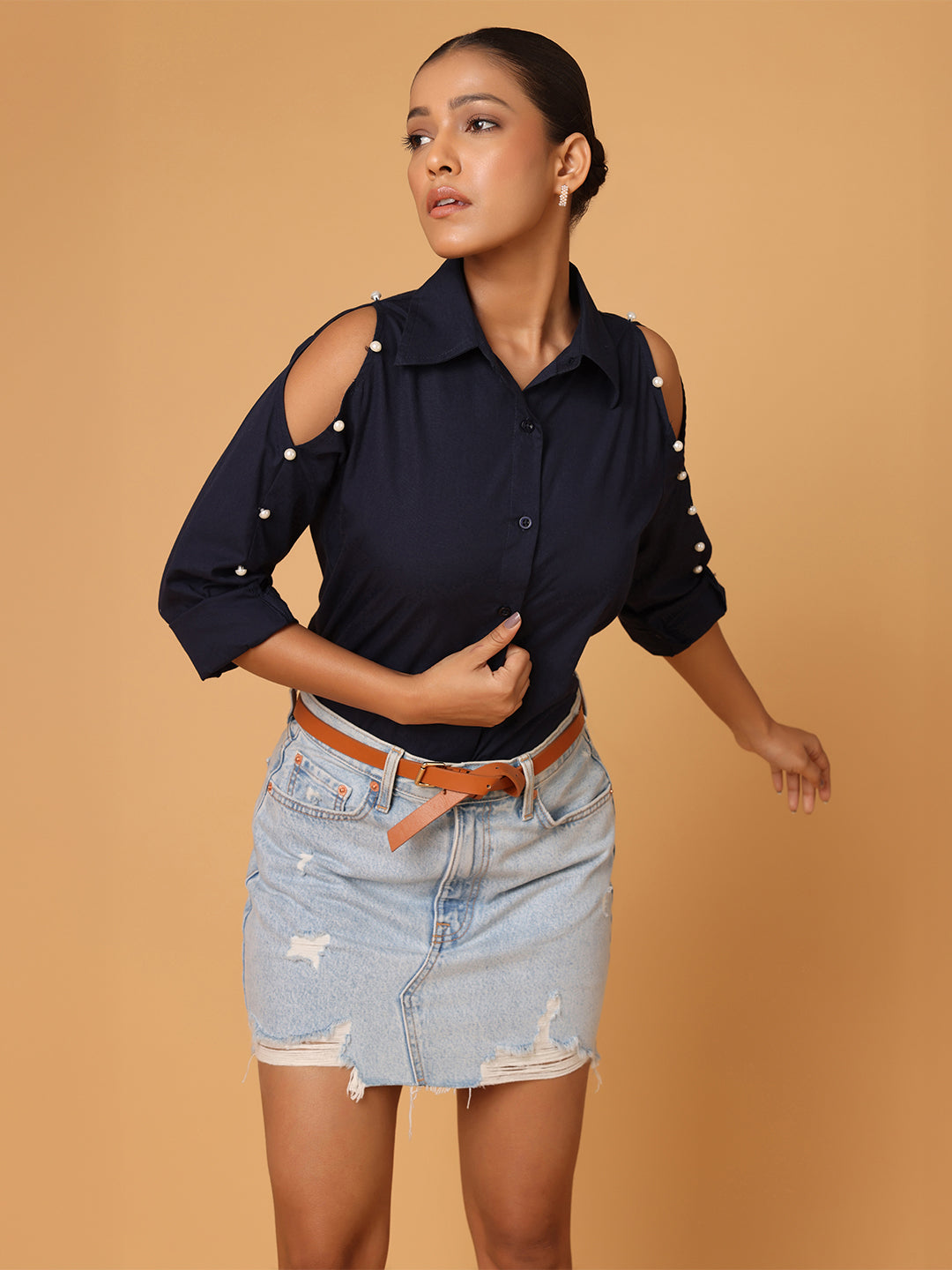 Pearl Detail Shirt With Cold Shoulder