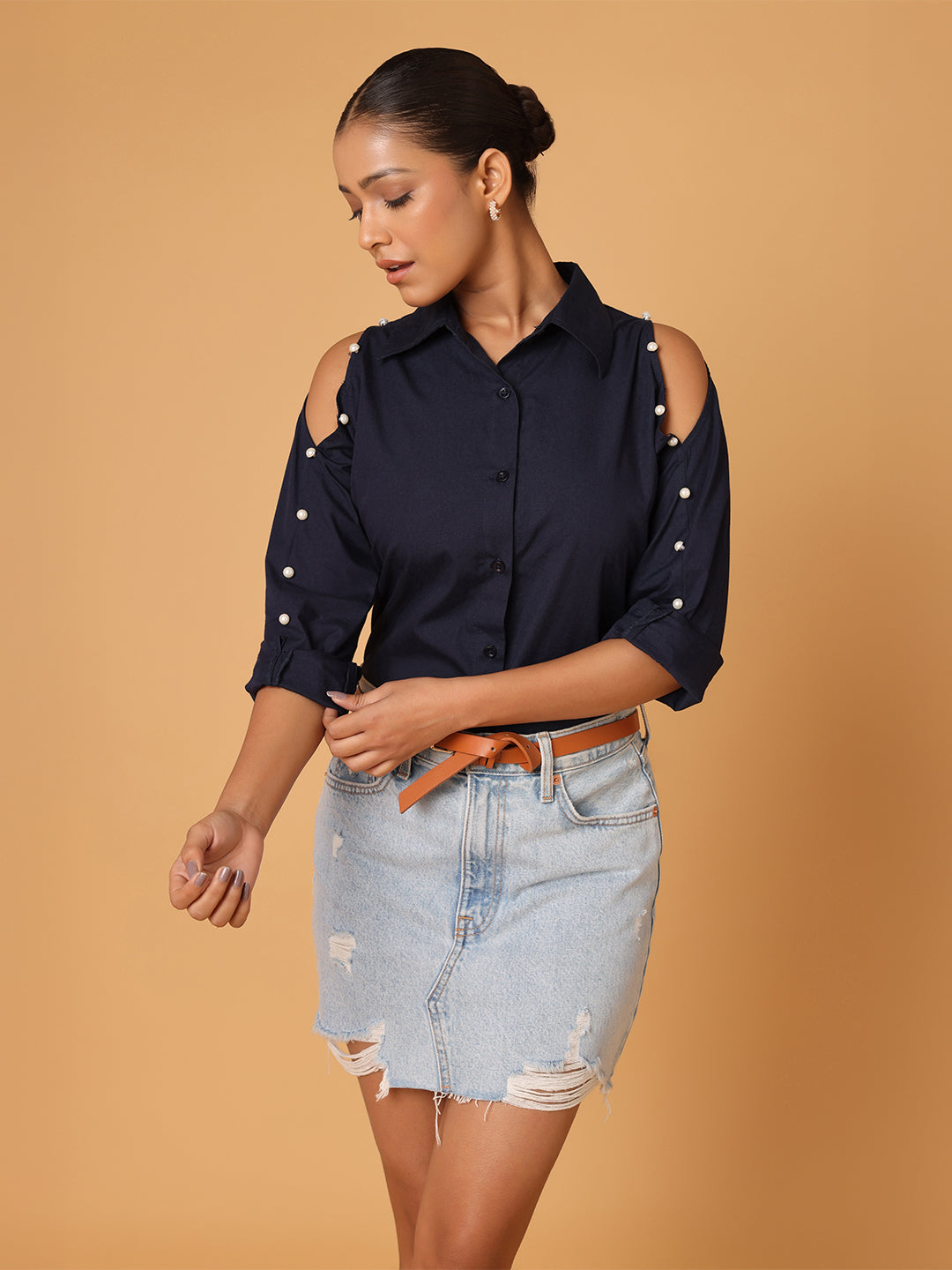 Pearl Detail Shirt With Cold Shoulder