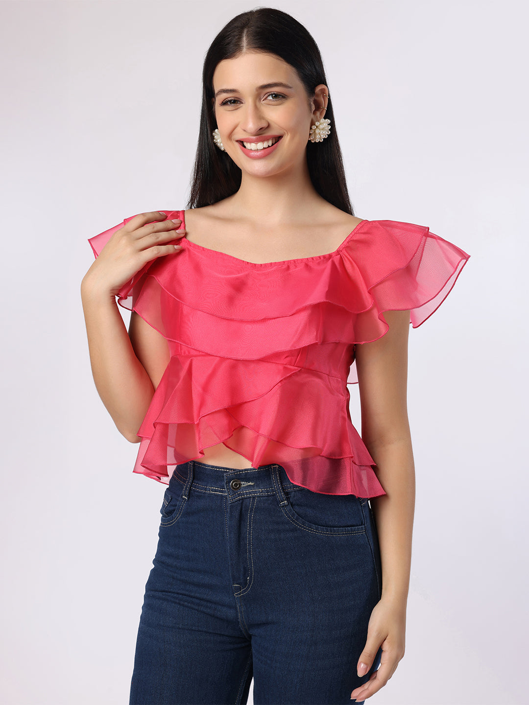 Pink Double Layered Frill Organza Top