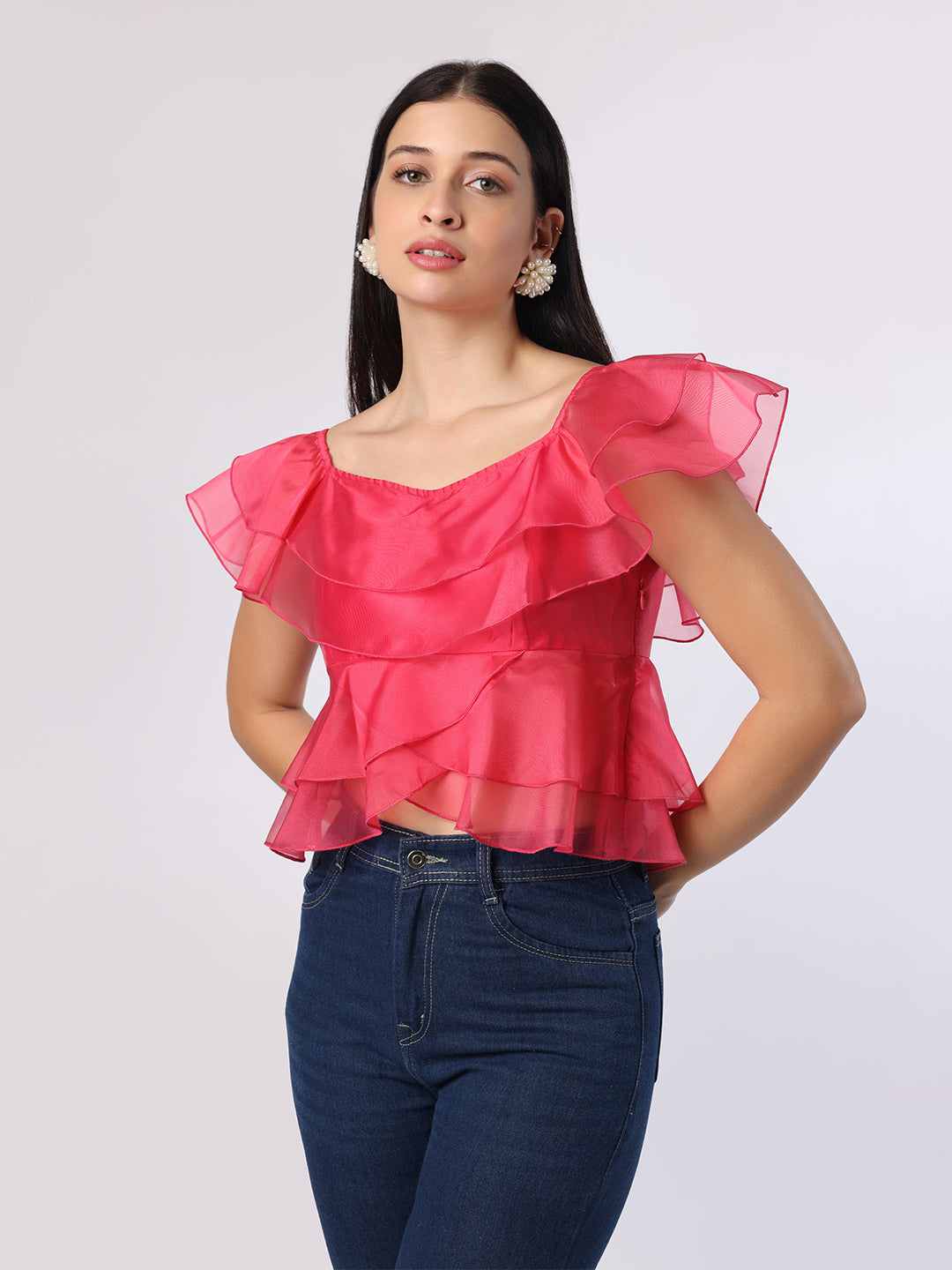 Pink Double Layered Frill Organza Top
