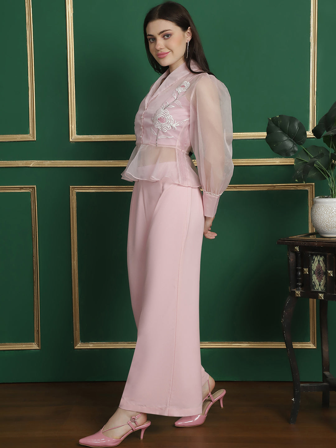 Baby Pink 3 Pc Organza Embellished Top with Cami & Trouser
