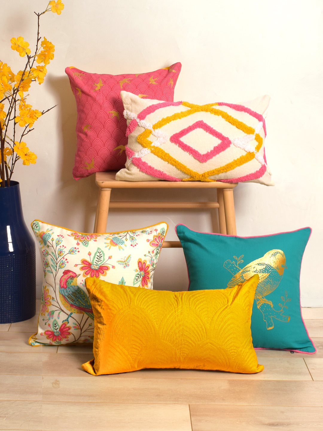 Blanc9 Set Of 5 Bird Printed Cushion Cover Set