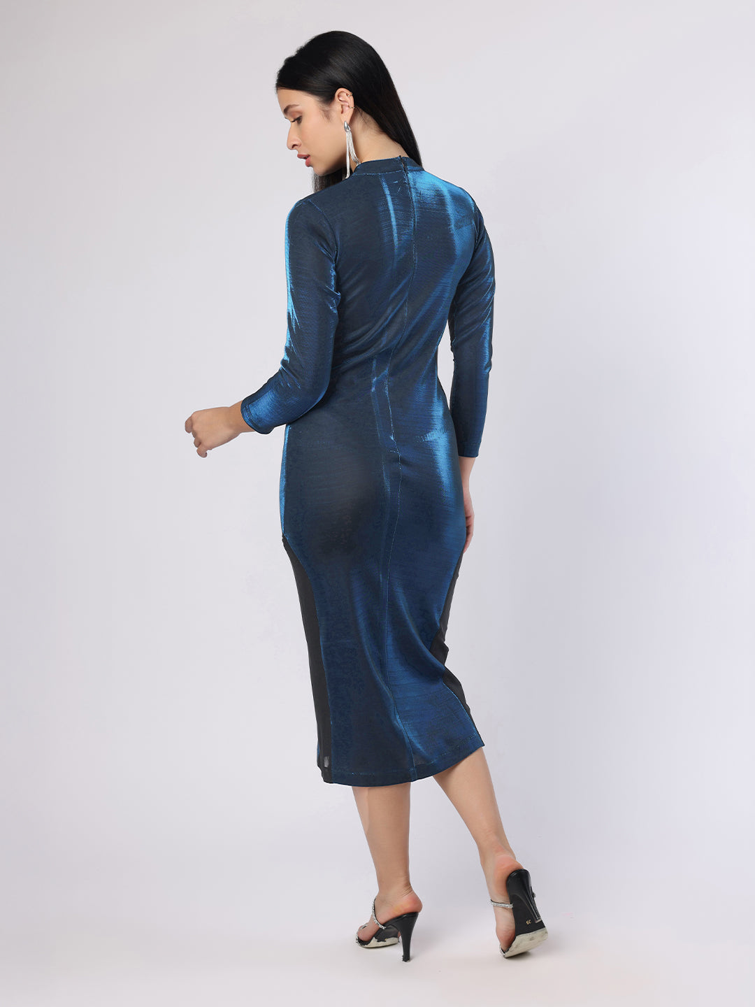 Shimmery Blue Bodycon Dress With Black Cut-Outs