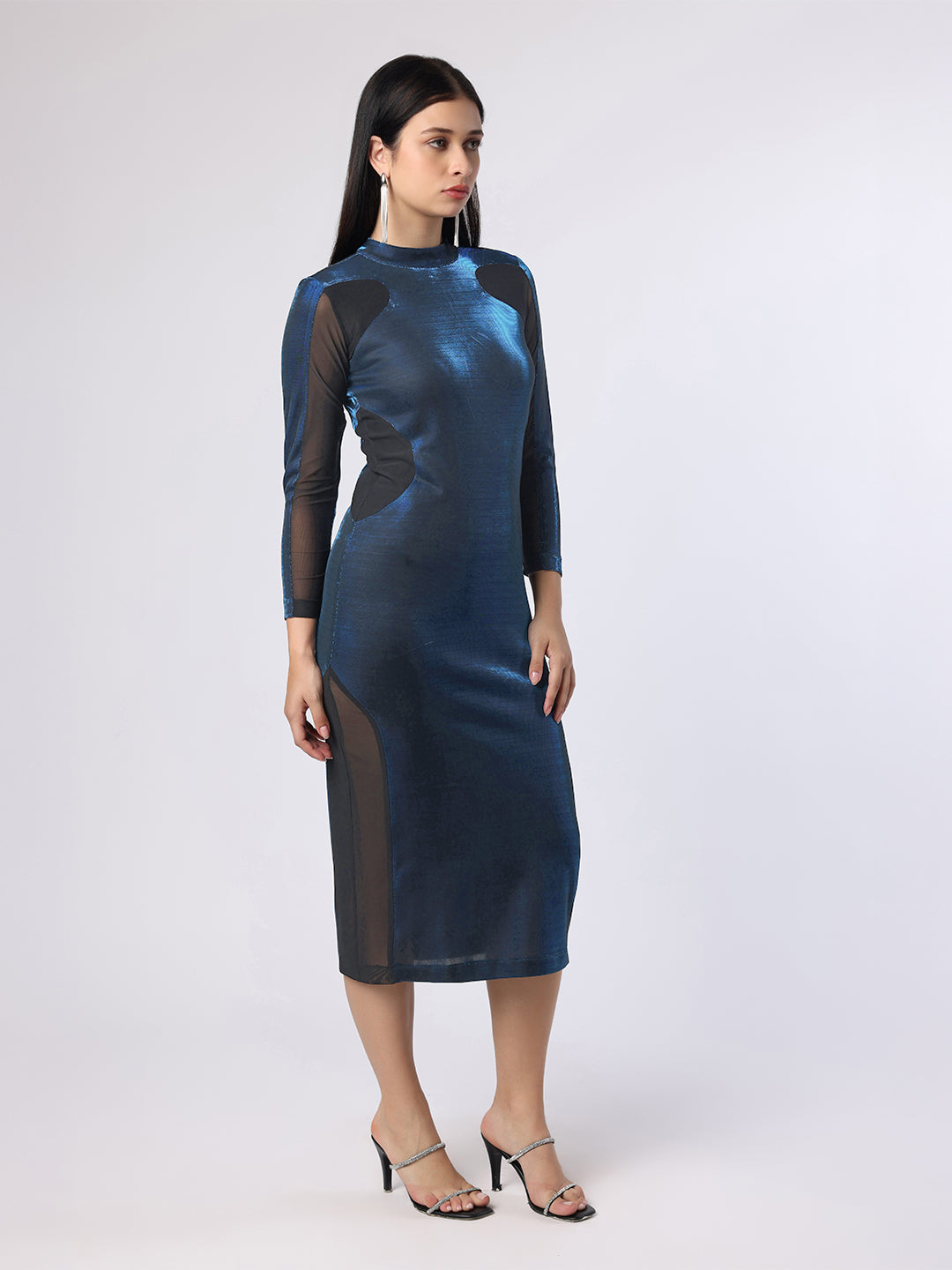 Shimmery Blue Bodycon Dress With Black Cut-Outs