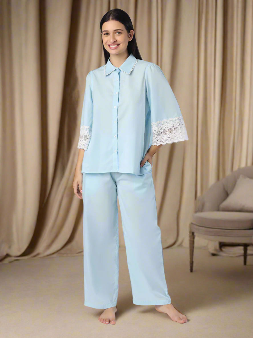 Sky Blue Nightwear With Lace Detail At Sleeves