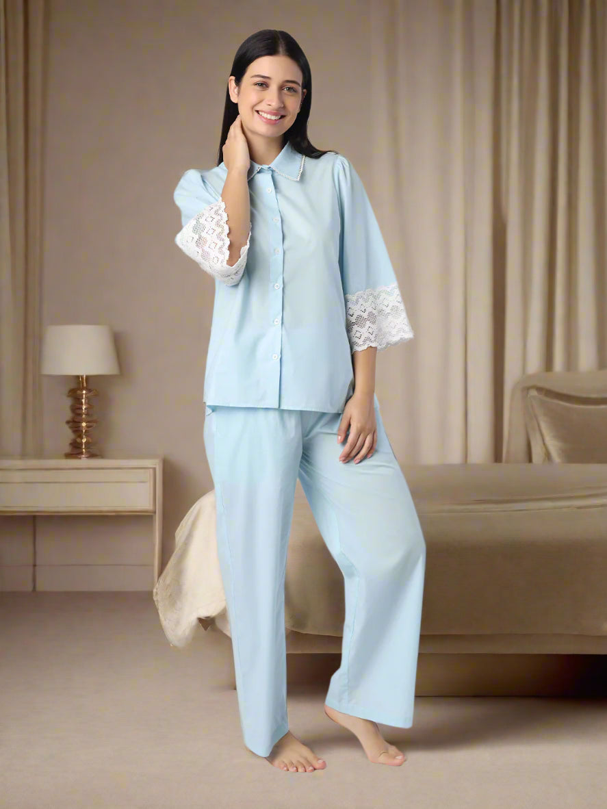 Sky Blue Nightwear With Lace Detail At Sleeves