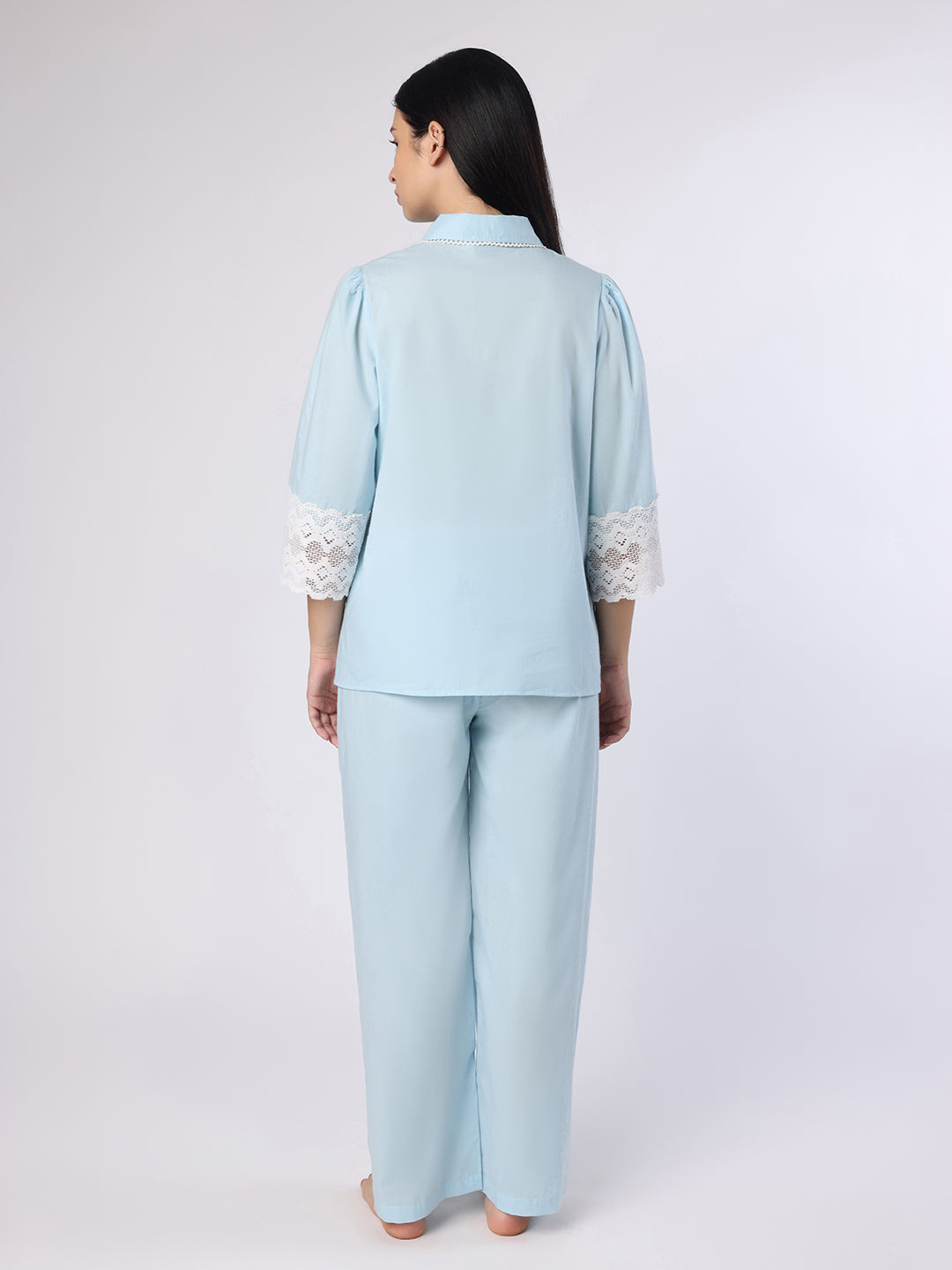 Sky Blue Nightwear With Lace Detail At Sleeves