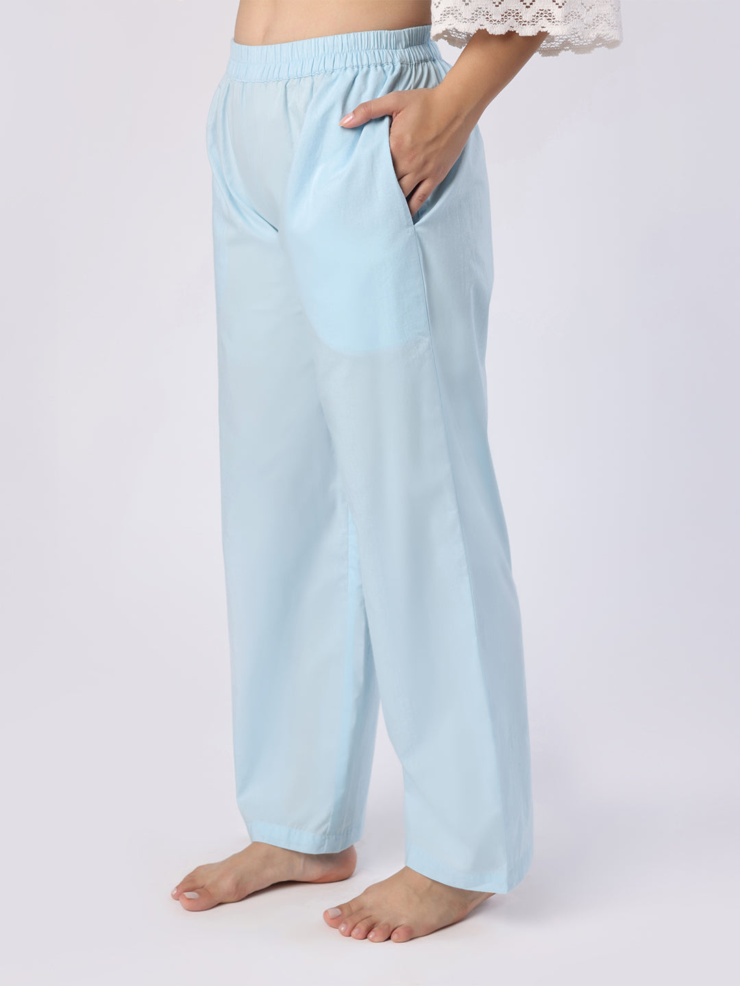 Sky Blue Nightwear With Lace Detail At Sleeves