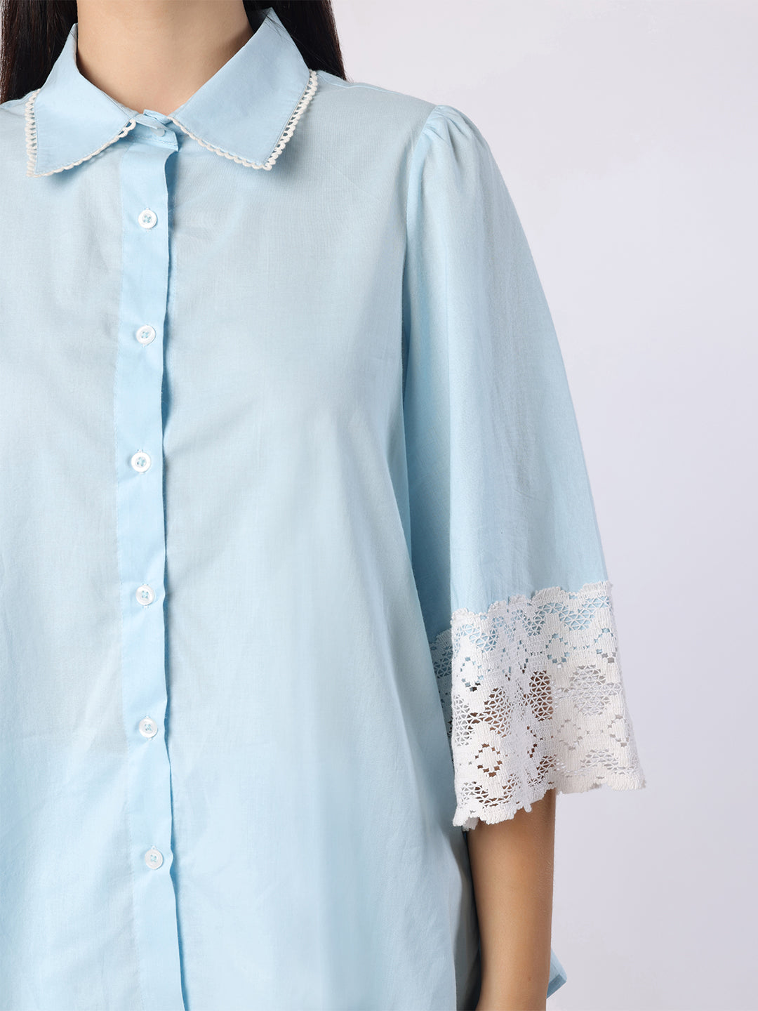 Sky Blue Nightwear With Lace Detail At Sleeves