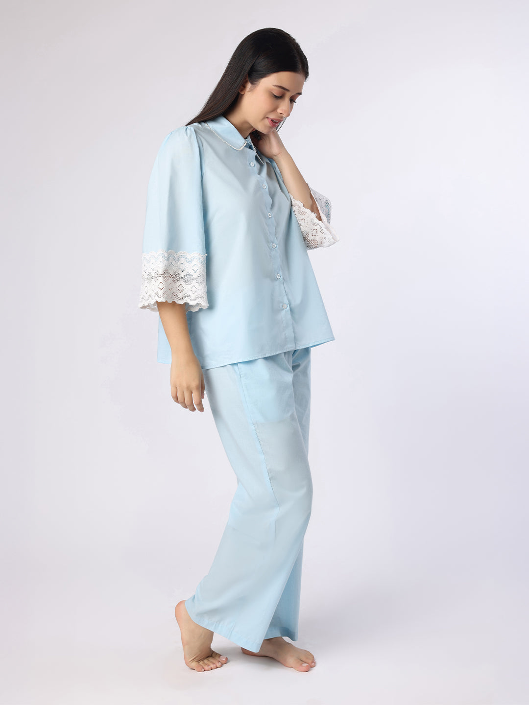 Sky Blue Nightwear With Lace Detail At Sleeves