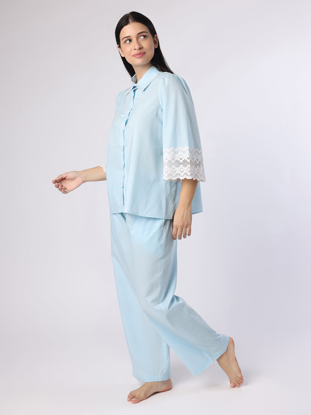Sky Blue Nightwear With Lace Detail At Sleeves