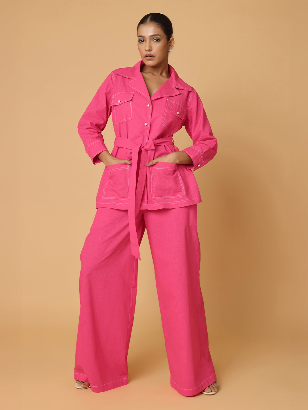 Pink Shirt & Trousers With Contrast Thread