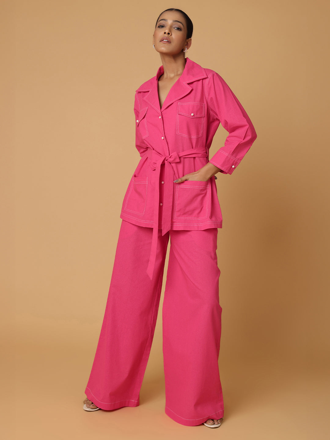Pink Shirt & Trousers With Contrast Thread