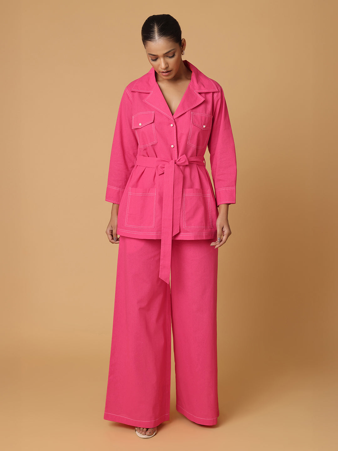 Pink Shirt & Trousers With Contrast Thread