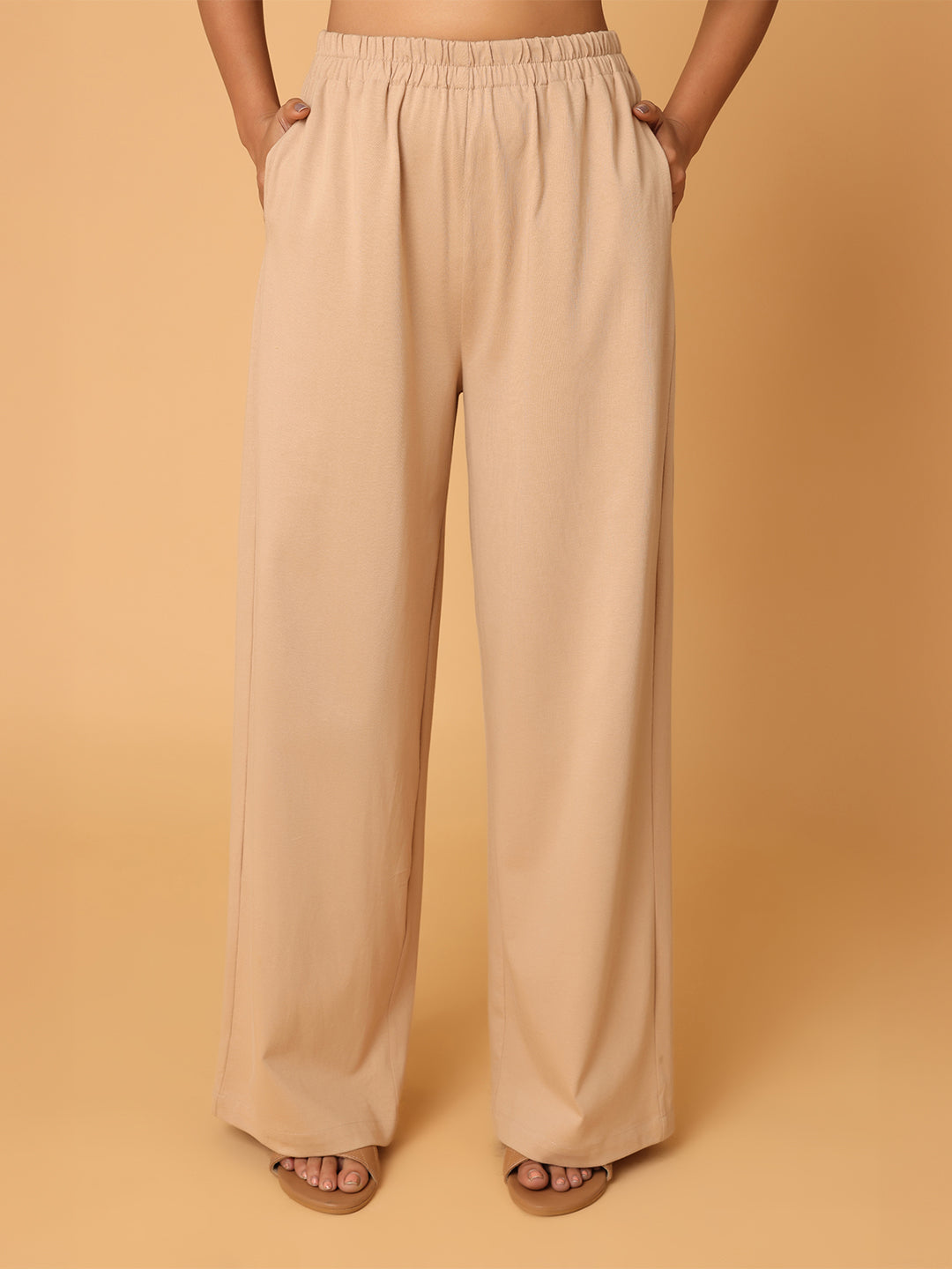 Beige Contrast Collared T-shirt with Lower