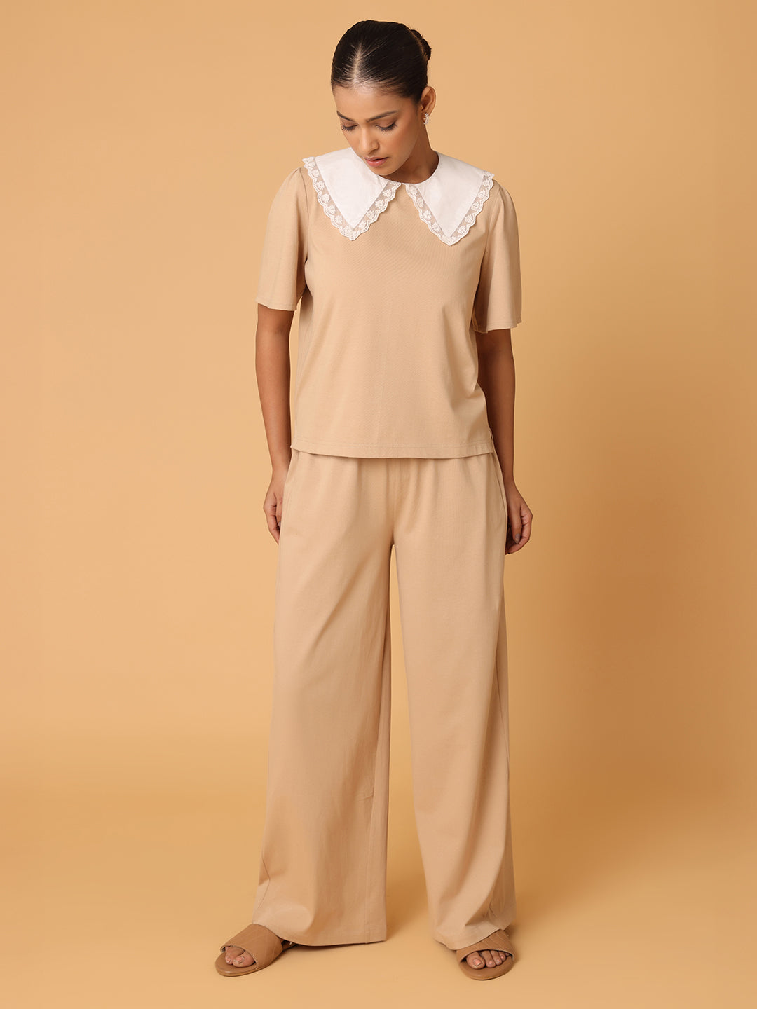 Beige Contrast Collared T-shirt with Lower