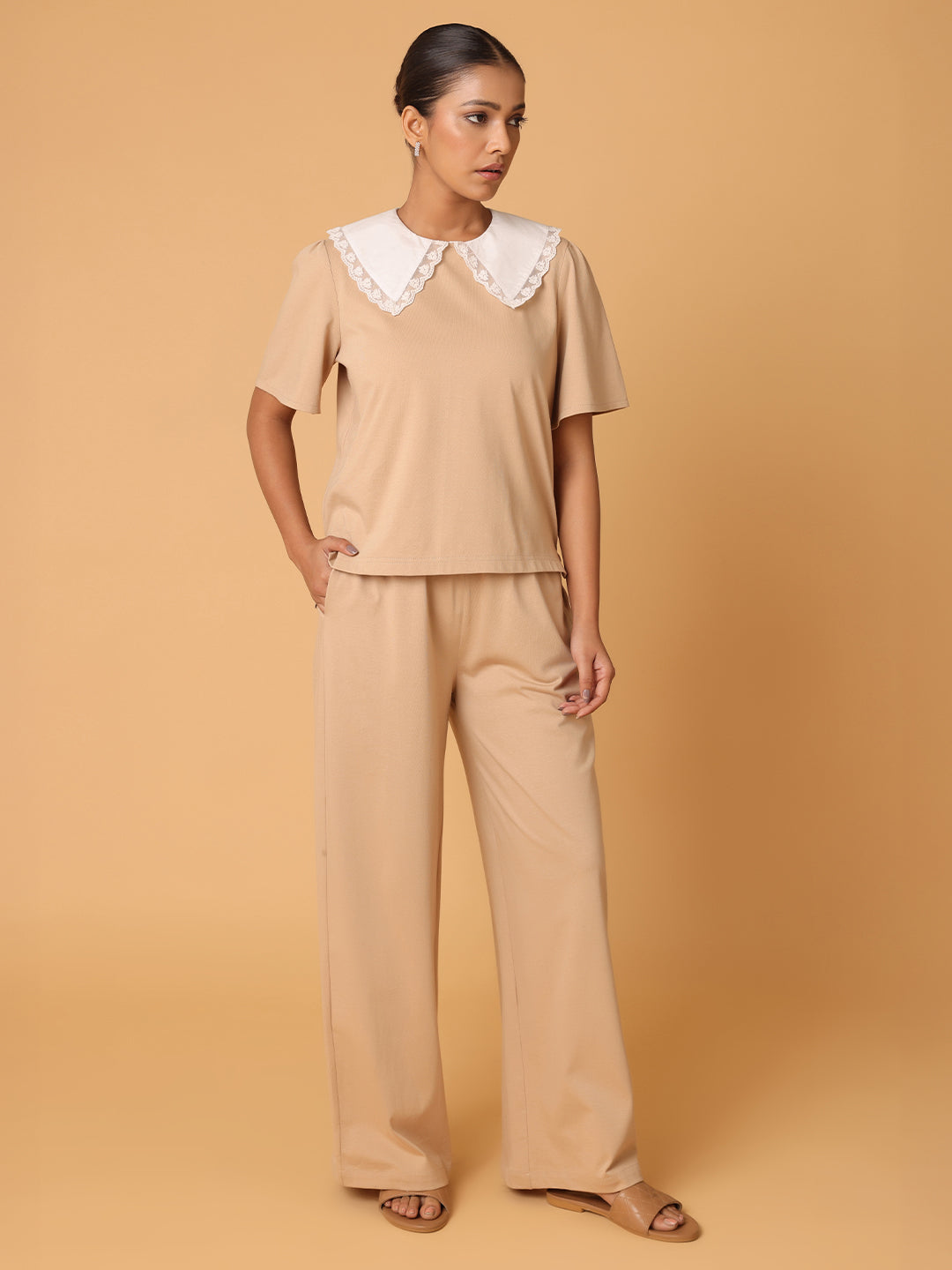 Beige Contrast Collared T-shirt with Lower
