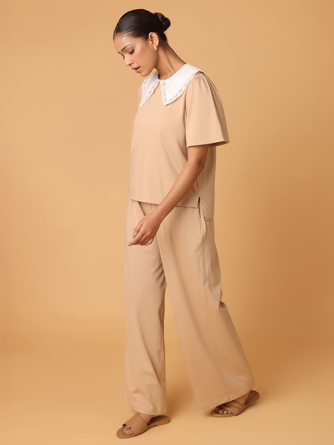 Beige Contrast Collared T-shirt with Lower