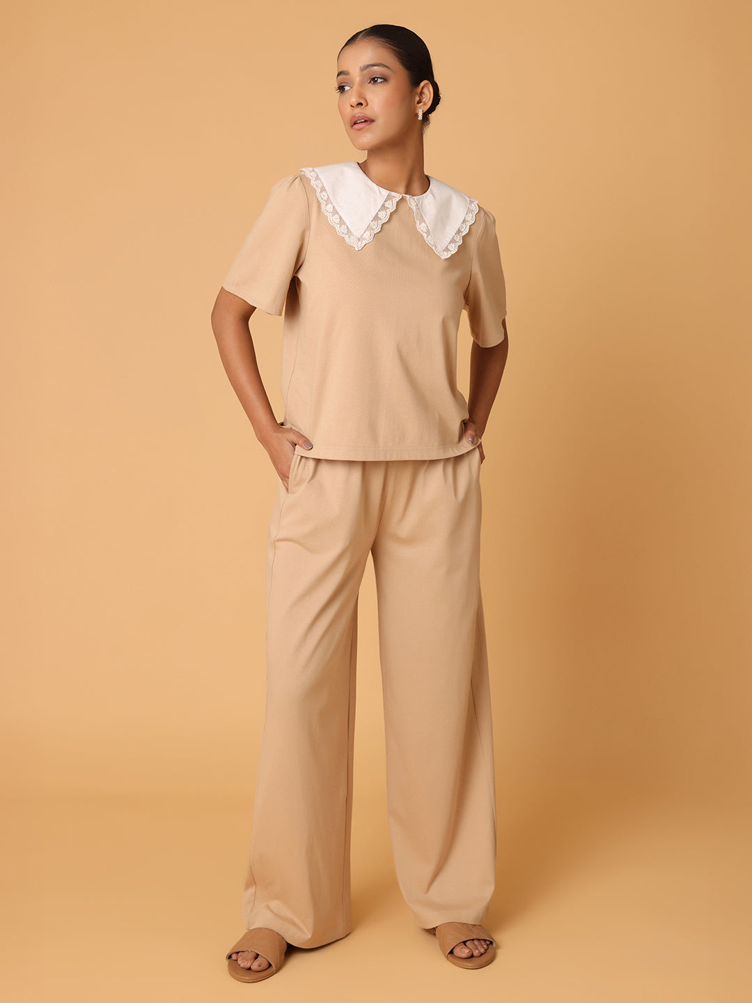Beige Contrast Collared T-shirt with Lower