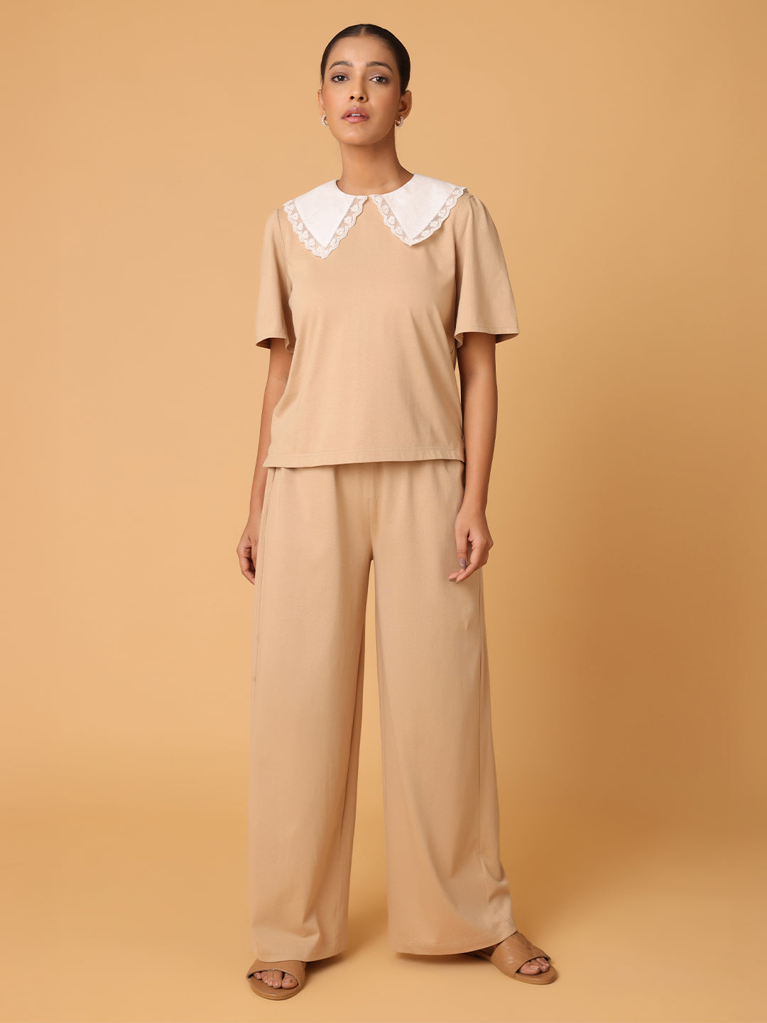 Beige Contrast Collared T-shirt with Lower